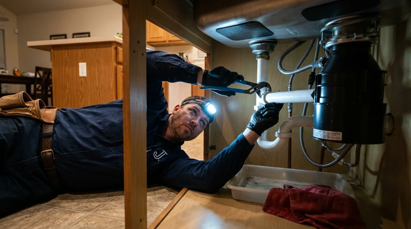 P-trap and supply line connections under a kitchen sink showing a common leak point in Lamar, AR